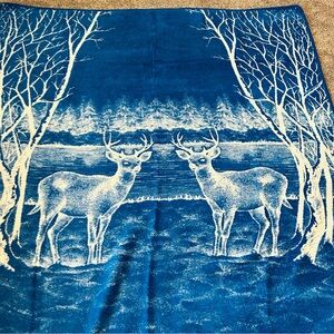 Vintage San Marcos Blue White Deer Buck Blanket Reversible 80 x 80 NO TAG